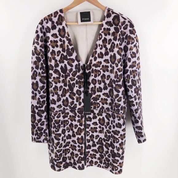 PINKO Italy Leopard Print Coat V Neck Purple Pink Sz Italy 46 US 10 NWT $400 - Picture 2 of 10